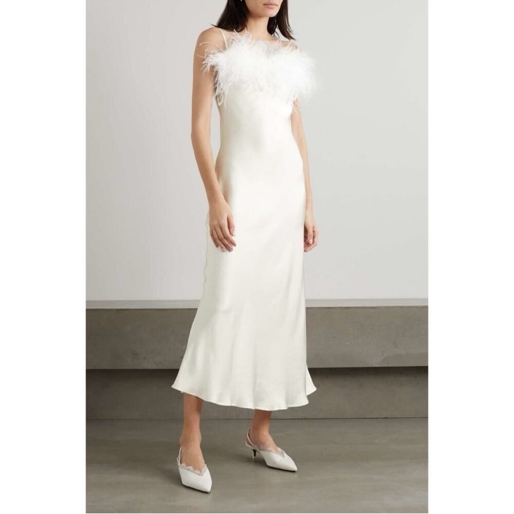 Sleeper White Boheme Feather Trim Slip Dress